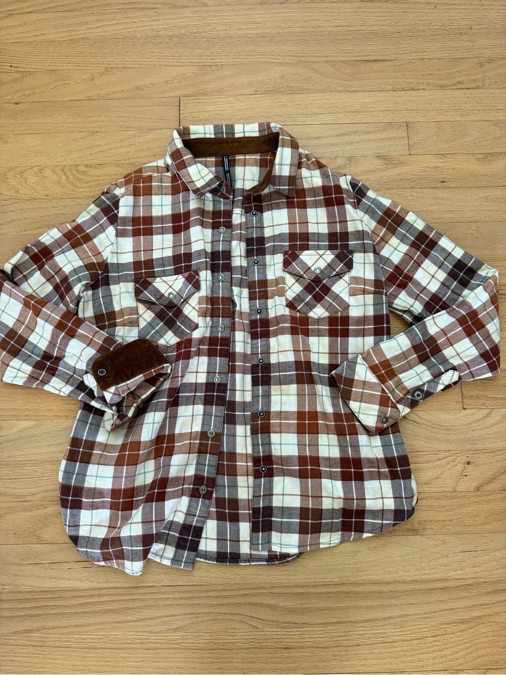 Kuhl Small Brown Cream Plaid Flannel Shirt Corduroy Collar Snap button Western